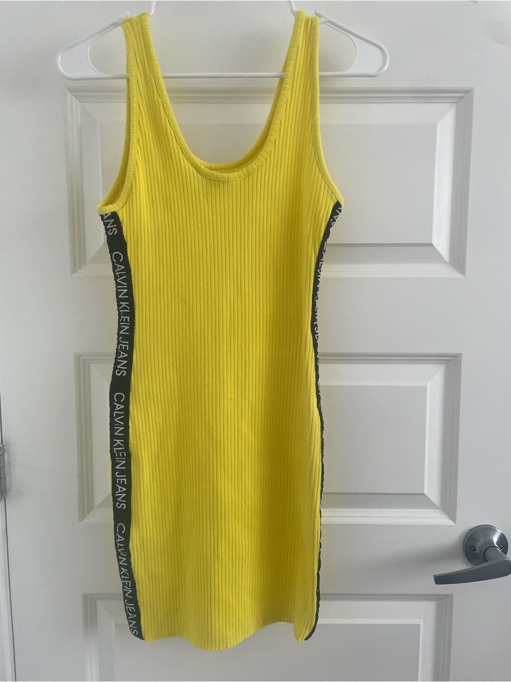Calvin Klein Jeans Bright Yellow Ribbed Tank Midi Dress with Logo Tape